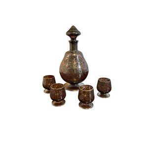 Vintage Bischoff Violet Glass Decanter with Silver Overlay and 4 Cordial Glasses